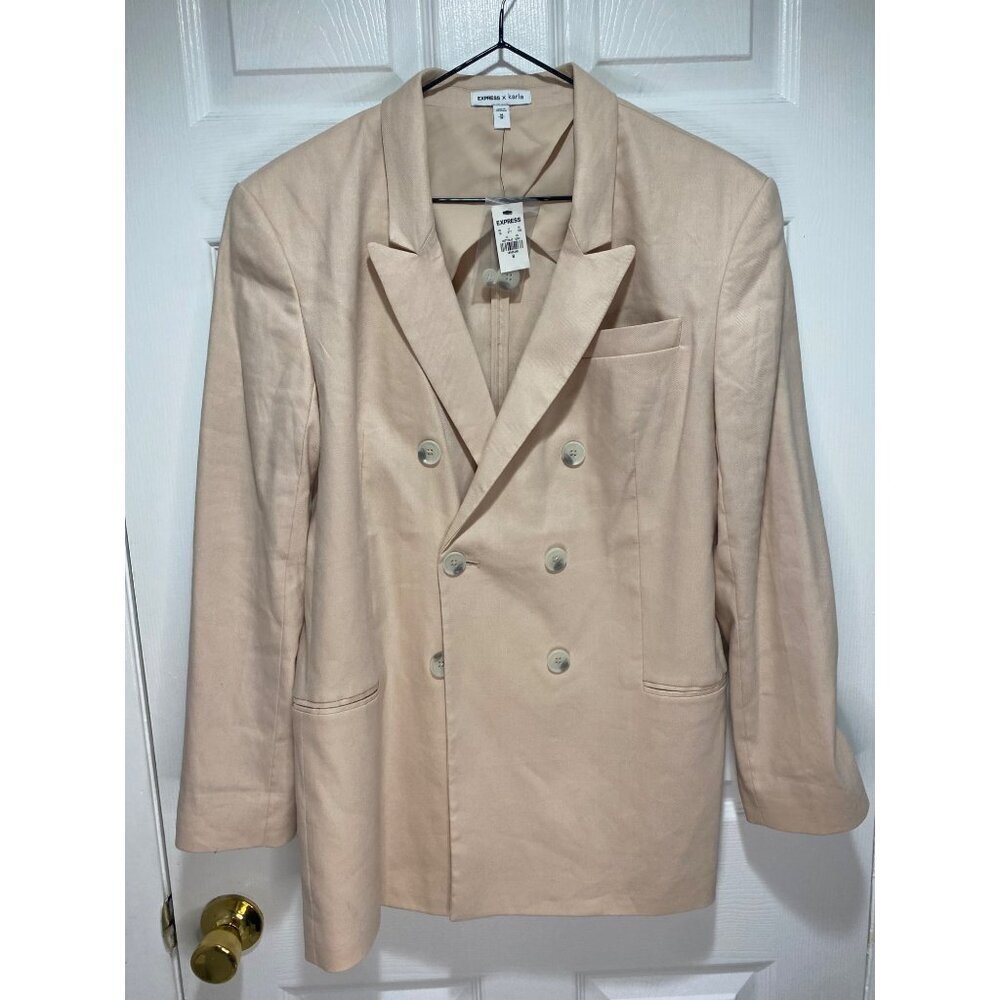 NEW Express Womens Sz 8 Stretch Double-Breasted Blazer Linen Old Money Minialist